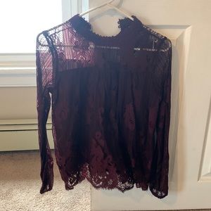 Stunning Burgundy Wine Lace Top with Button Detail at Neck Size Small